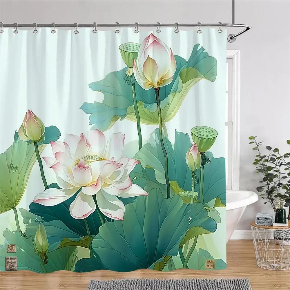 Elegant Lotus Pond Shower Curtain - Traditional Chinese Landscape Design for Modern Bathroom Décor, Waterproof & Easy Care