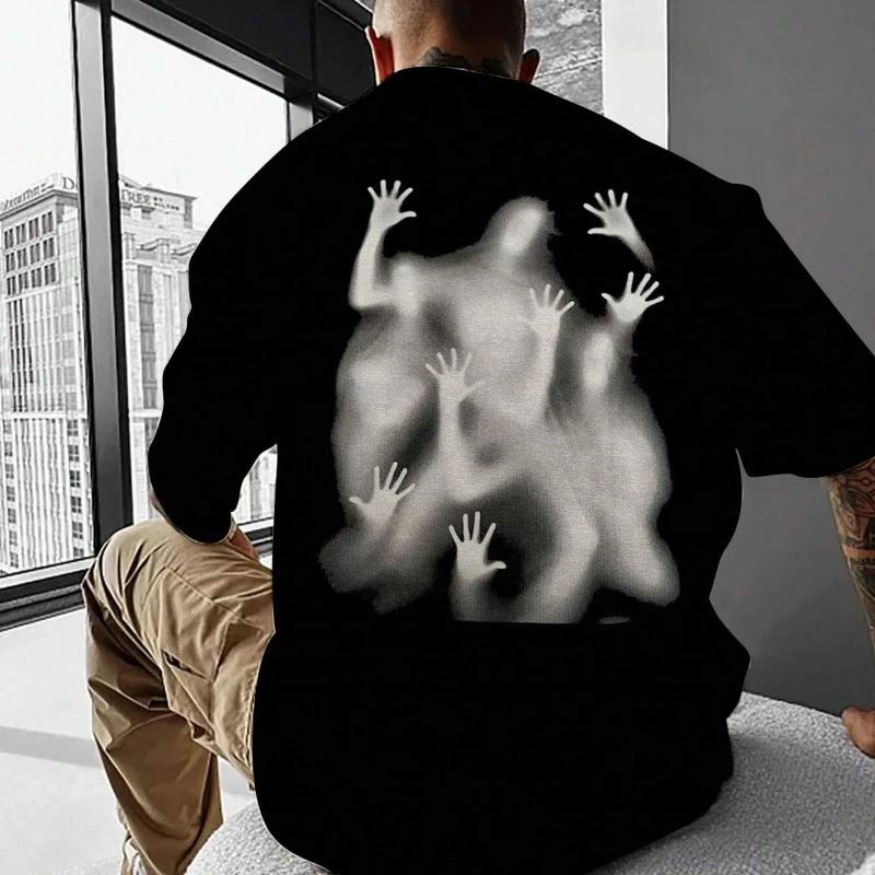 2025 Мужская летняя новая футболка с коротким рукавом с теневым темным принтом руки, 100% чистый хлопок, высококачественный хип-хоп стритвир топ