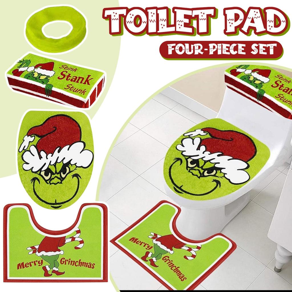 4-Piece Christmas Toilet Seat Covers – Green Holiday Toilet Seat Covers Set, Festive Bathroom Decor For Christmas, Funny Xmas Bathroom Accessories