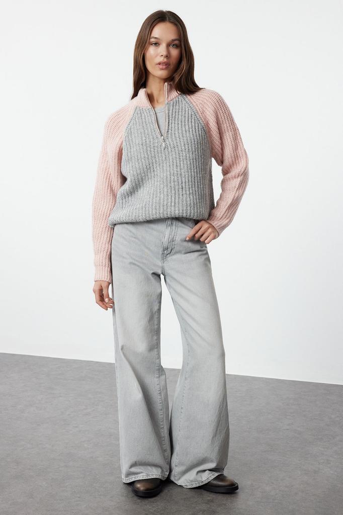 Women's Fashion Stylish Sweater Black Color Block Zippered Knitwear Sweater