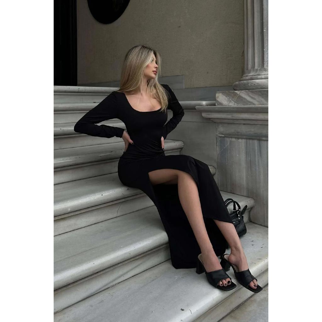 Slit Detailed Square Neck Backless Maxi Dress