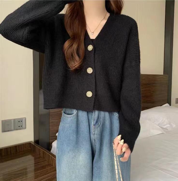 Women's V-Neck Knit Cardigan - Korean Style, Loose Fit, Long Sleeve, Autumn/Winter 2026 Trendy Sweater.