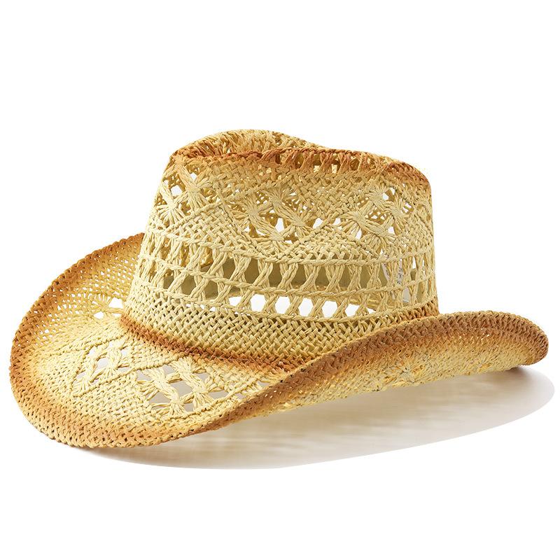 Unisex Gradient Hollow Woven Cowboy Straw Hat Breathable Wide Brim Sun Protection Outdoor Travel Beach Cap