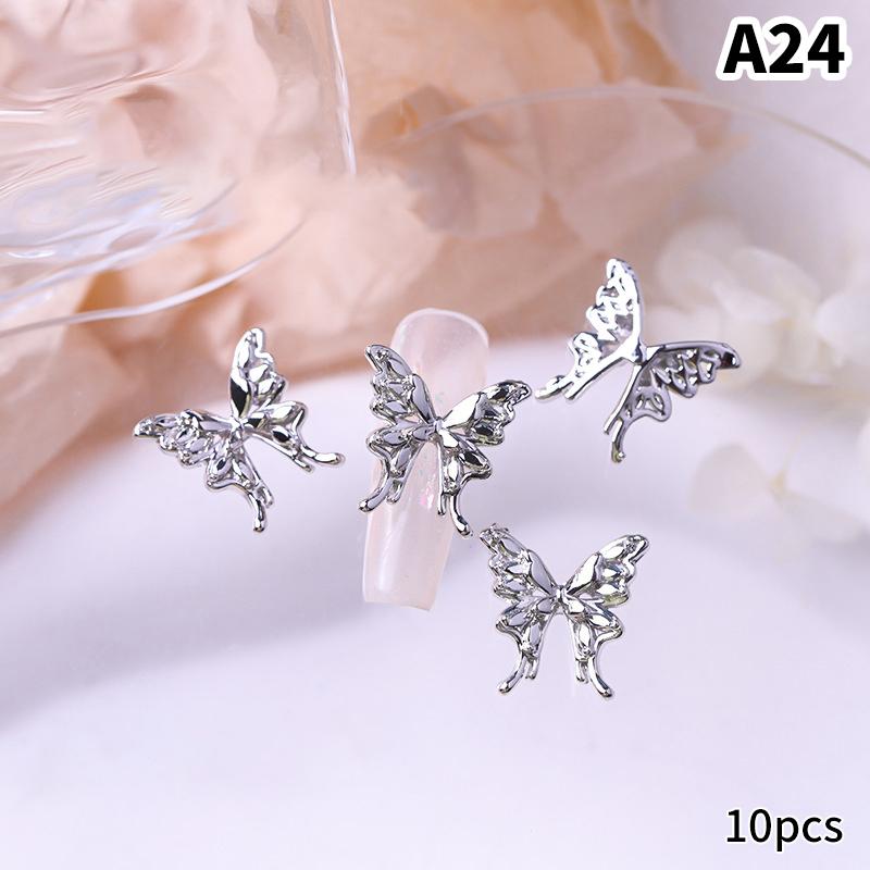 10 шт./пакет в форме бабочки, звезда, цветок, подвеска для ногтей, серебряный сплав для ногтей, жемчужные украшения, аксессуары, принадлежности для ногтей