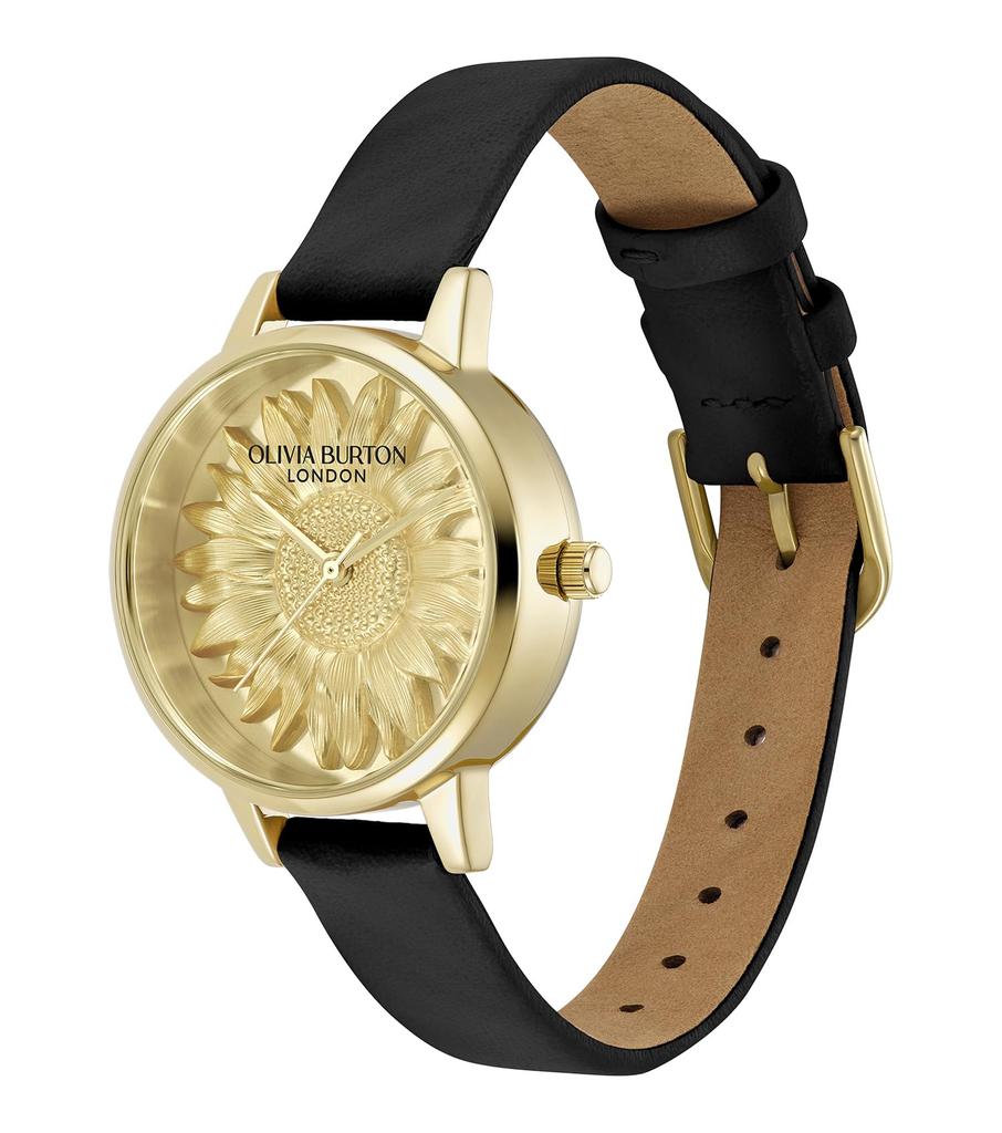 Авторизованный дистрибьютор Olivia Burton Watch Ladies 24000222 3D Flower Midi Gold Black Leather [OLIVIA BURTON]