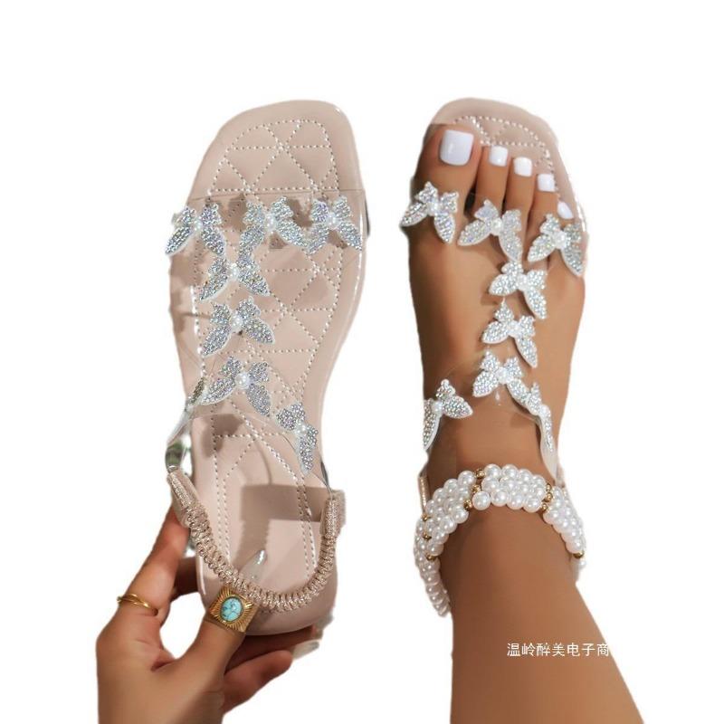 Эластичные сандалии на плоской подошве со стразами, женские сандалии с бабочками и цветком, пляжные тапочки