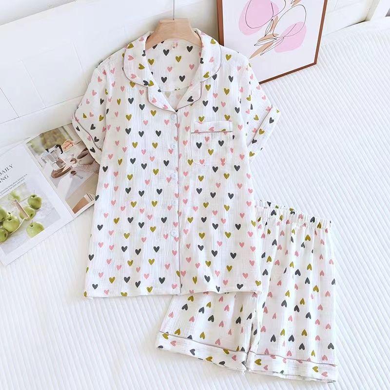Женский летний пижамный комплект из чистого хлопка - Милый, Дышащий, с коротким рукавом и шортами