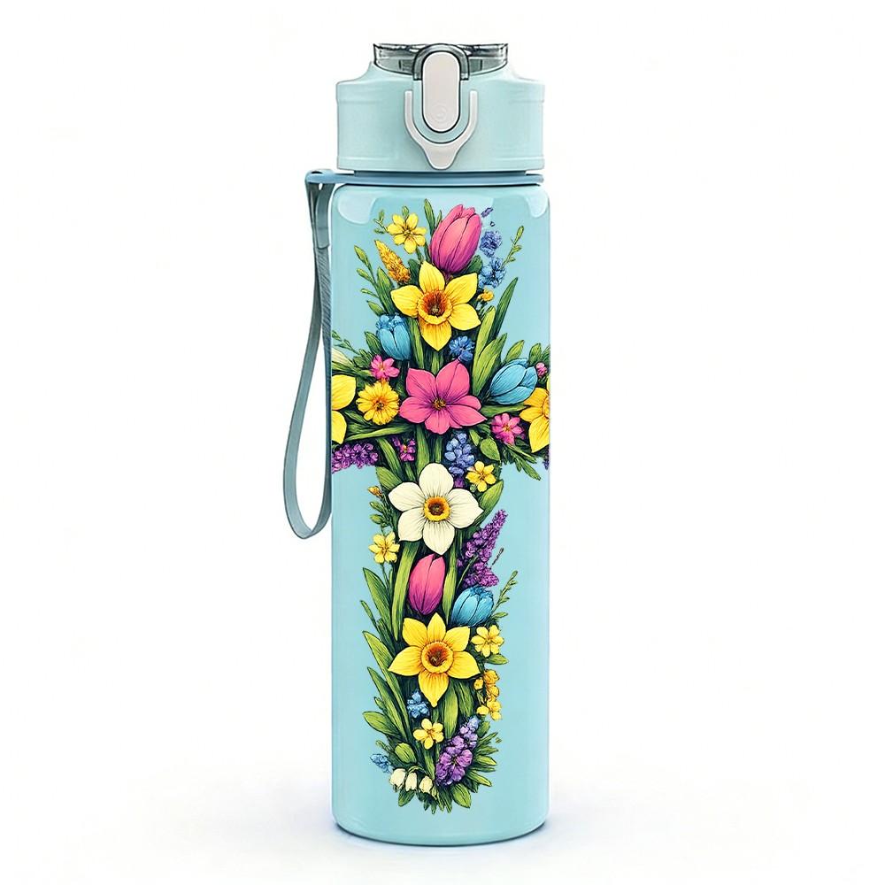 1PC Cross Flower Religious Decor Print 750ml Color Plastic Sports Water Bottle Leakproof Flip Straw Lid Suitable for Sports Office Home Use