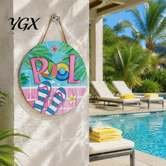 Vertical Wooden Sign Summer Pool Hanging Sign, Weather Resistant Solid Wood Plaque with Decor Hemp Rope for Outdoor Beach Party And Swimming