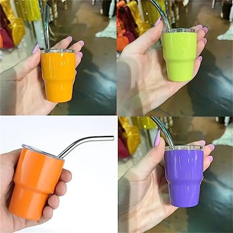 2oz Double Wall Stainless Steel Mini Tumbler SGlass Thermos Bottle With A Lid and Straw Home Bar Double-Layer Insulation