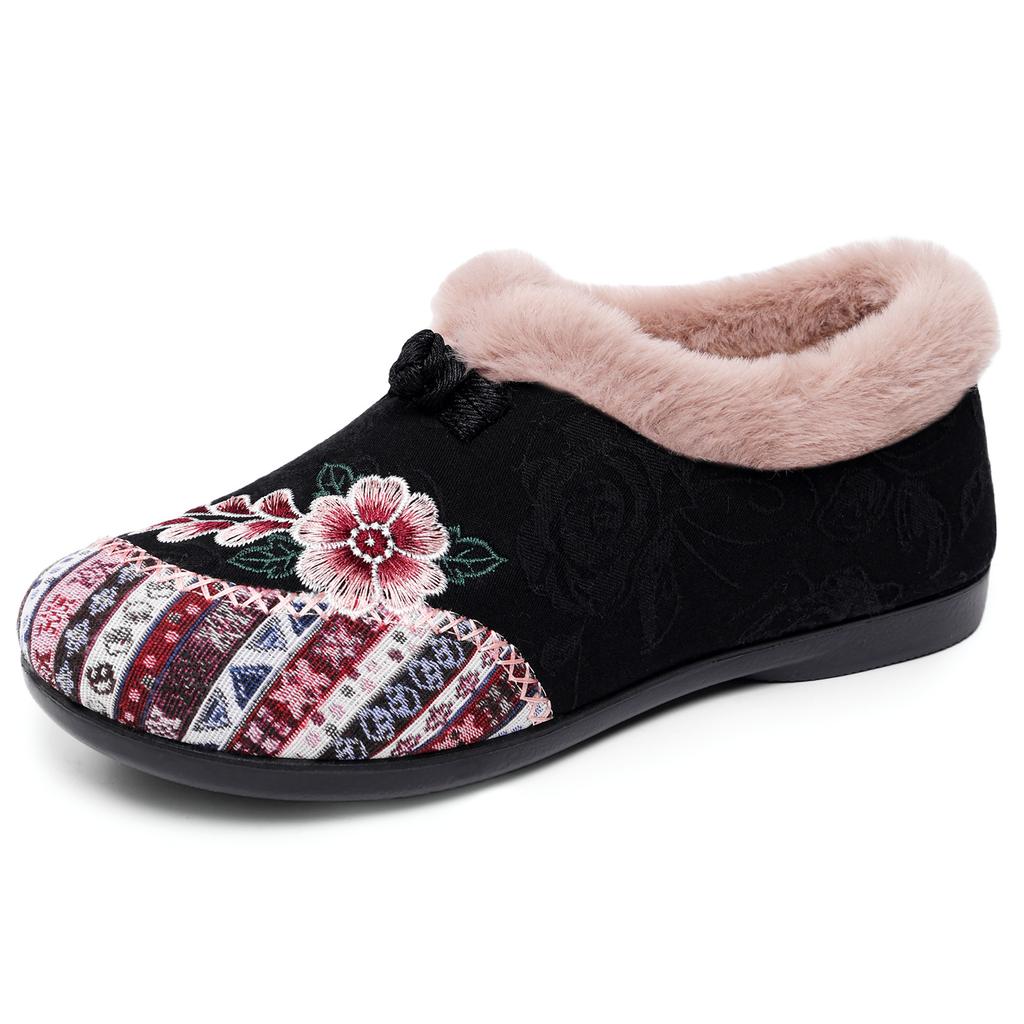 Women's Fleece-Lined Thickened Flat-Soled Embroidered Shoes for Middle-Aged and Elderly Women Chinese Ethnic Style Slip-On Mom Shoes