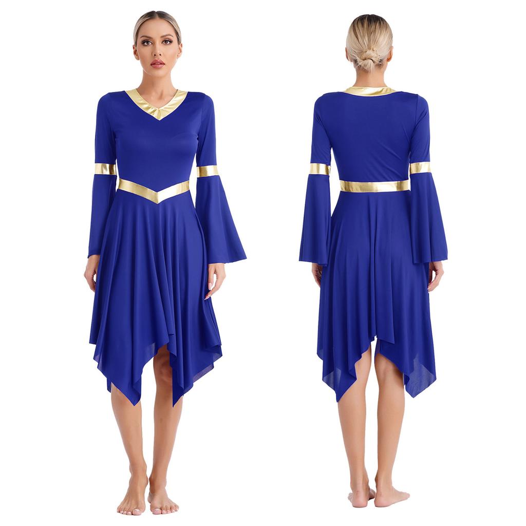 Платье-туника для литургического классического танца с V-образным вырезом и расклешенными рукавами, асимметричный подол, платья для церемоний, церковного поклонения, танцевальная одежда