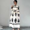 Модные женские платья 2025 Весна Осень Длинное платье Длинный рукав Отложной воротник Принт Черное женское платье J882