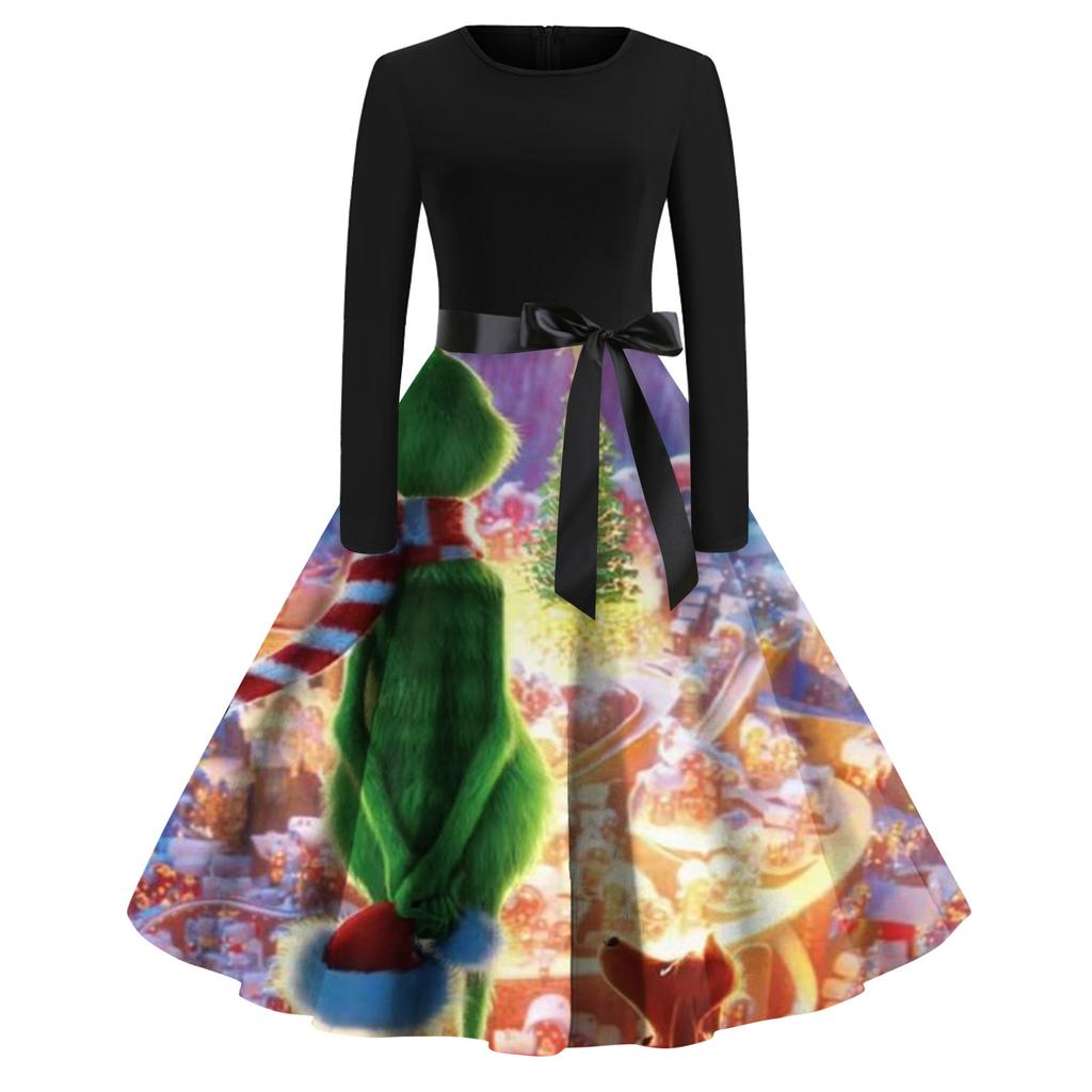 Женское рождественское расклешенное платье с принтом для женщин, платье с длинным рукавом, вечерние повседневные платья