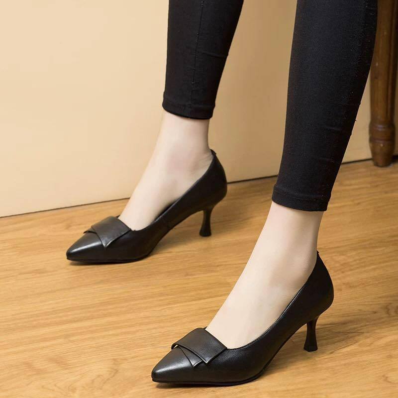 Туфли из натуральной кожи женские туфли-лодочки с острым носком на высоком каблуке модные черные рабочие туфли женские туфли для вечеринок большие размеры 33-40
