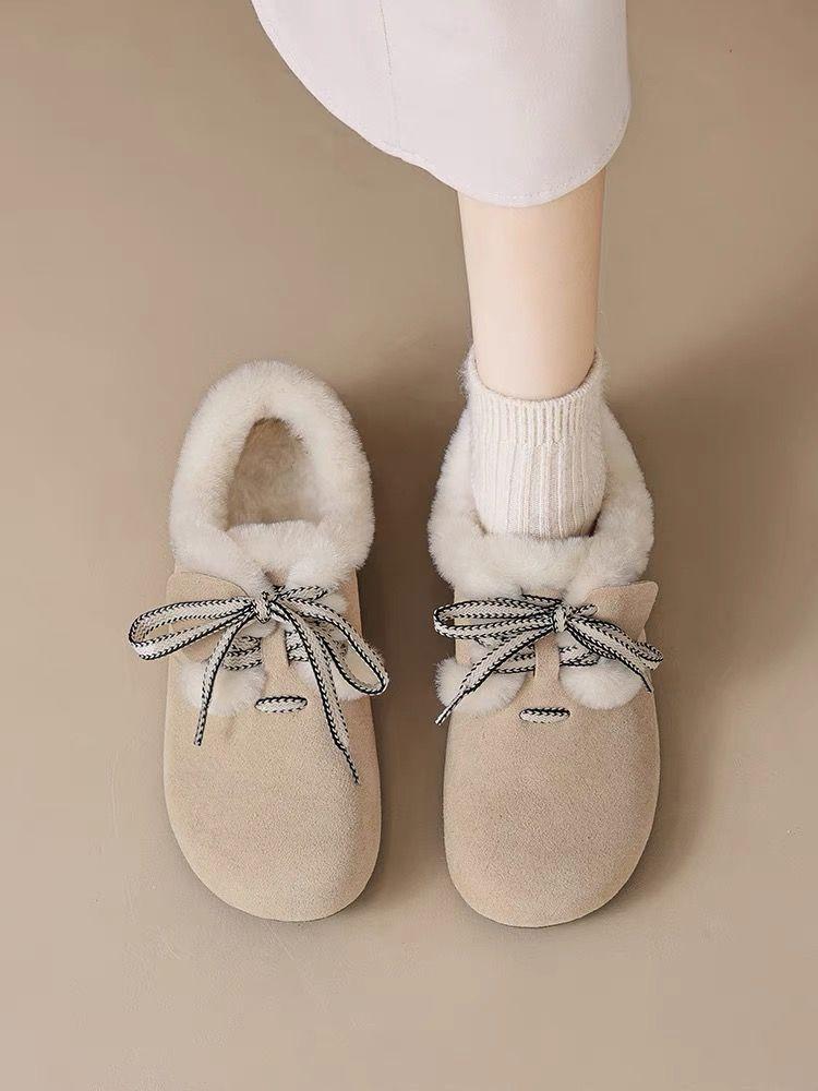 WTEMPO Хлопок Большой Размер Однотонные Мягкая Подошва Туфли с Бантом Женские Повседневные Осенне-Зимние Теплые Плюшевые Туфли-Слипоны