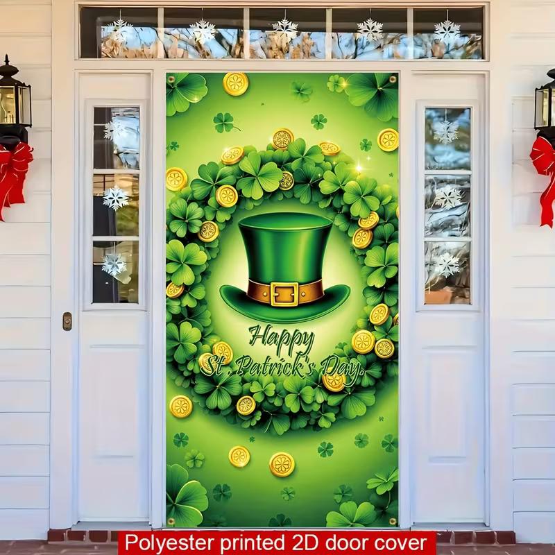 2D Leprechaun Hat Door Banner, St. Patrick's Day Green Clover Background