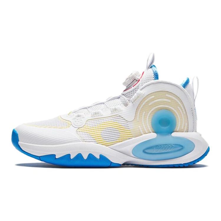 Anta Kids Round Head Knob Shock Absorbing Wear Resistant Mid Top Basketball Shoes Kids Basketball Shoes White Blue Yellow A312331111-1