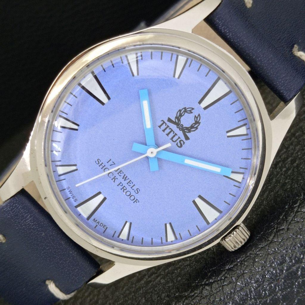 ВИНТАЖНЫЕ ЧАСЫ TITUS SWISS С РУЧНЫМ ЗАВОДОМ, МУЖСКИЕ, С ОТРЕСТАВРИРОВАННЫМ НЕБЕСНО-ГОЛУБЫМ ЦИФЕРБЛАТОМ a500048-2 R151a-a500048