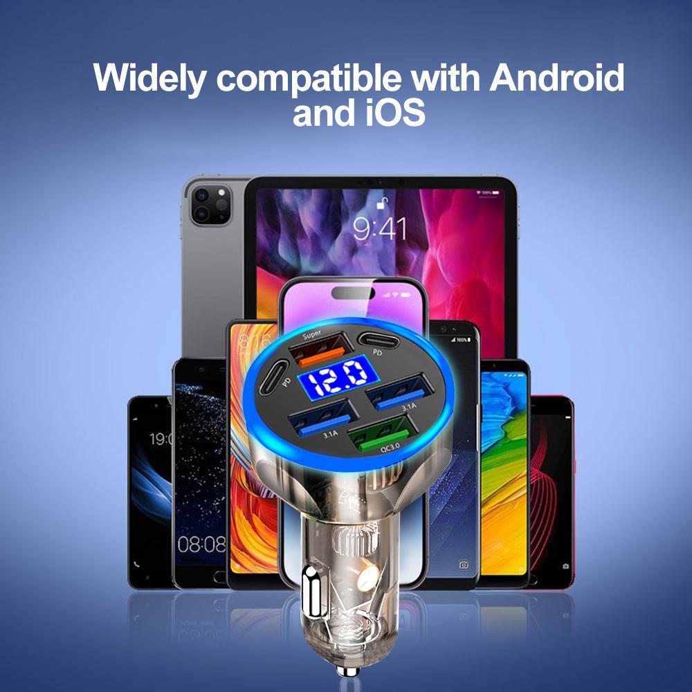 Автомобильное зарядное устройство на 5 портов со светодиодным дисплеем, быстрая зарядка QC3.0, порты USB PD 3.1A, универсальный автомобильный адаптер с контролем температуры