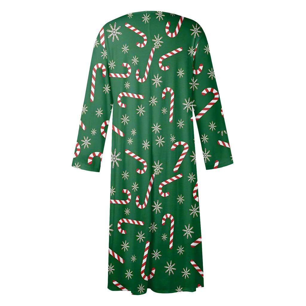 Women's Casual Round Neck Christmas Print Midi Dress Long Sleeve Pocket Dress