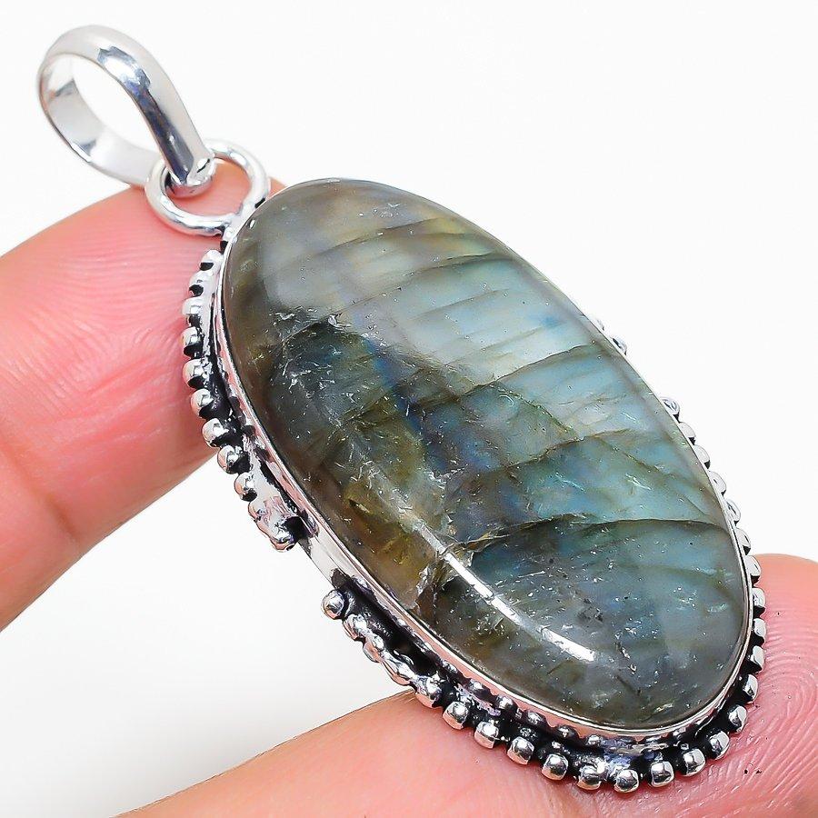 Natural Labradorite Gemstone Handmade 925 Sterling Silver Pendant 2.29" Q6b20