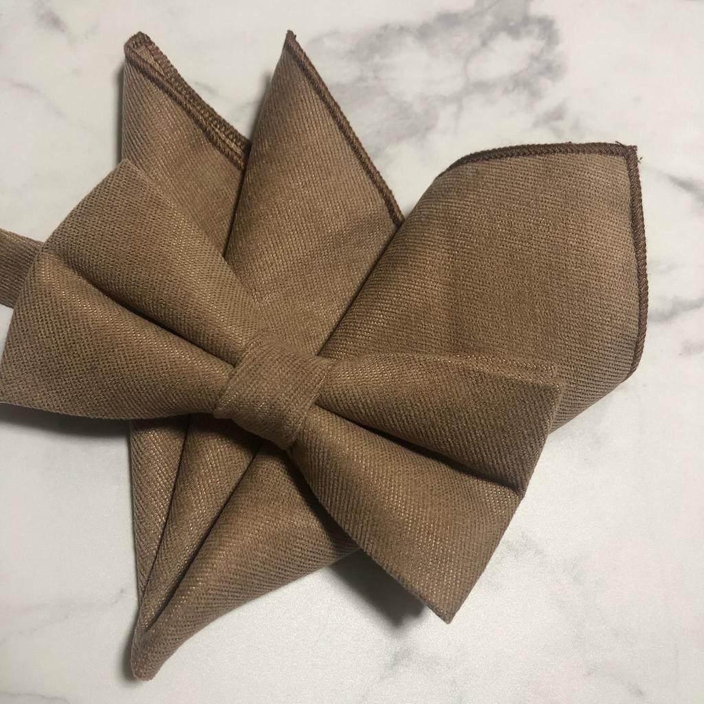 Beige [Bow Tie & Pocket Square] 2-Piece Set, Plain, Men's, One-Touch, Formal, Wedding, After-Party