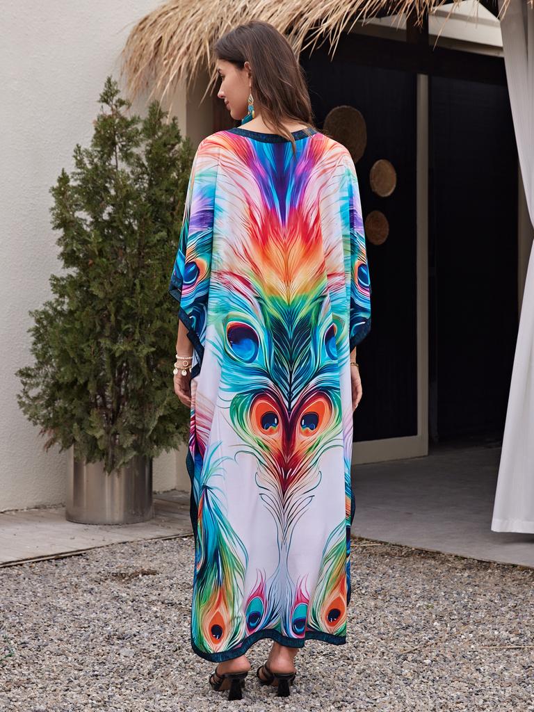 Printed Beach Dresses Viscose Kaftans for Women Summer Plus Size Loose Robe Holiday Living Room Bathing Suits