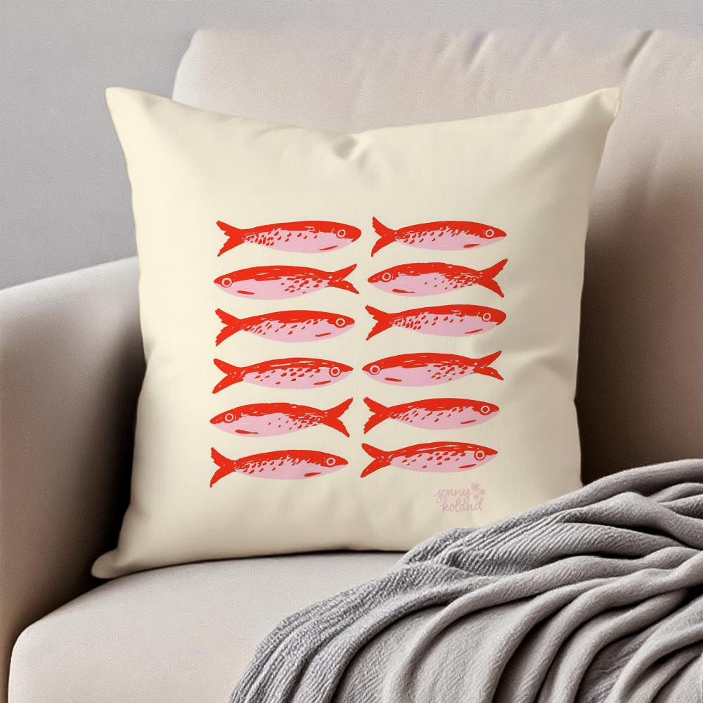 Cute Coastal Charm Sardines Art Design Cushion Cover Pillowcase Antidustmite Invisible Zipper Short Plush Sofa Cushion