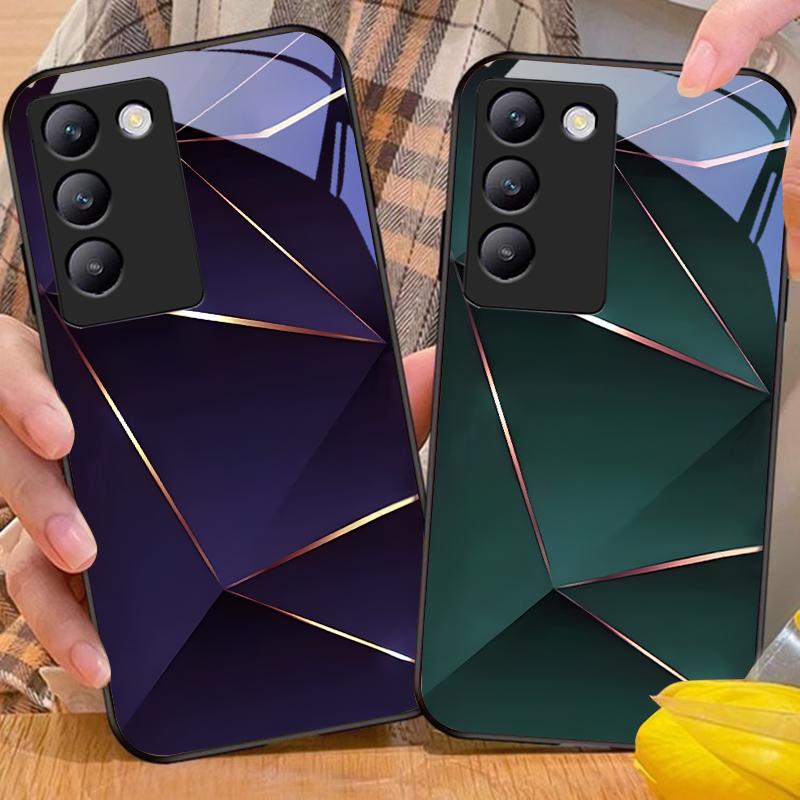 Геометрический принт Для Y72 33S 11 03 36 96 Lite 35 16 Iqoo 12 V40 SE 5G 29 40 21 30 X80 Pro Vivo Чехол для телефона из закаленного стекла Черный