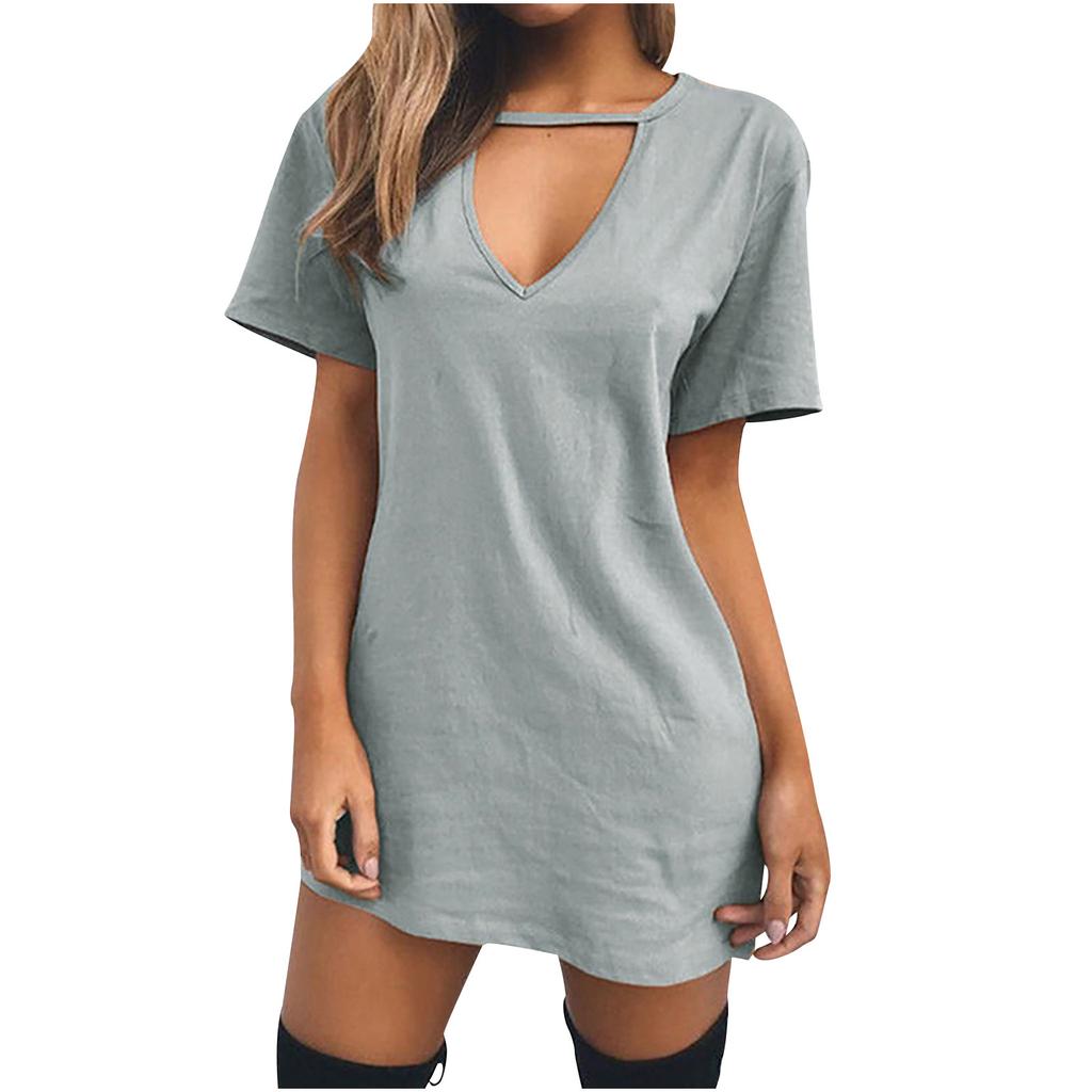 Fashion Women Casual Short Sleeve V-Neck Solid Ladies Hollow Out Mini Dress