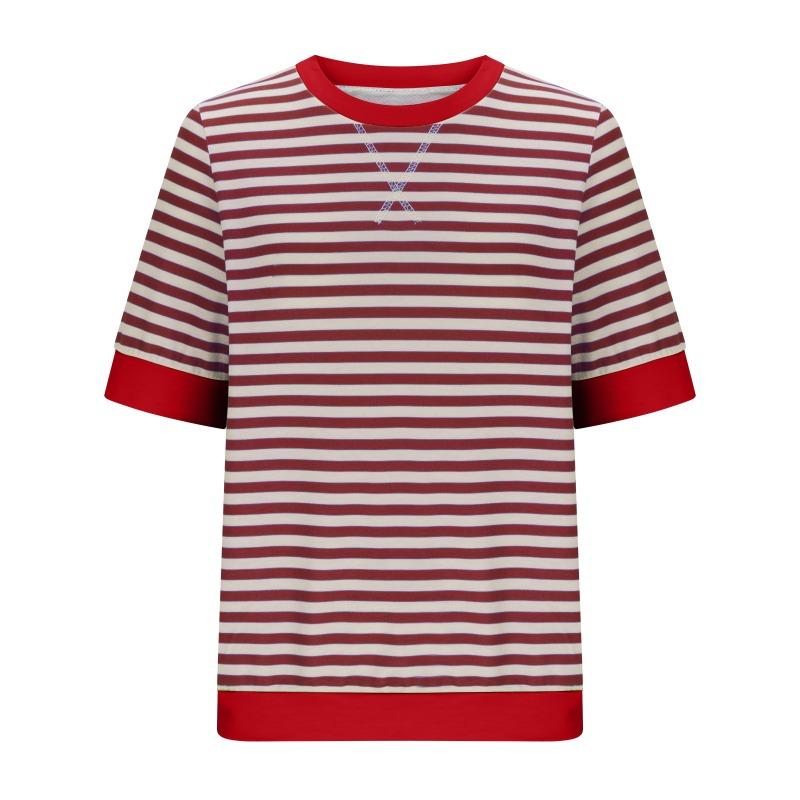 VEZFAA Женские модные повседневные летние весенние блузки и рубашки с круглым вырезом и короткими рукавами с полосатым принтом