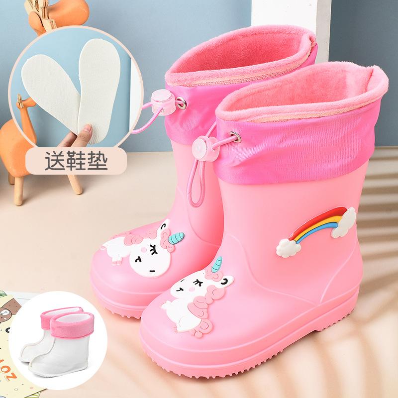 Online Children's Rain Shoes Girls Bundle Velvet Boys Non-slip Water Shoes Four Seasons Cartoon Cute Rain Boots Children