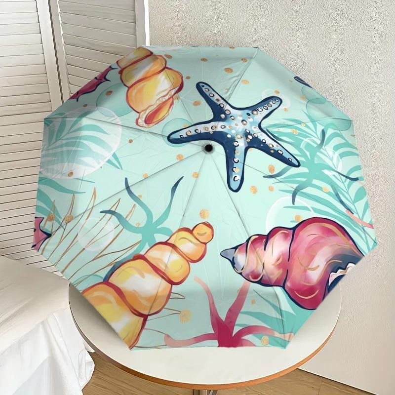 1pc Seashells, Starfish, Oceanic Pattern Umbrella with Plastic Handle,Suitable for All Seasons Home Travel Outdoor UmbrellaDD279