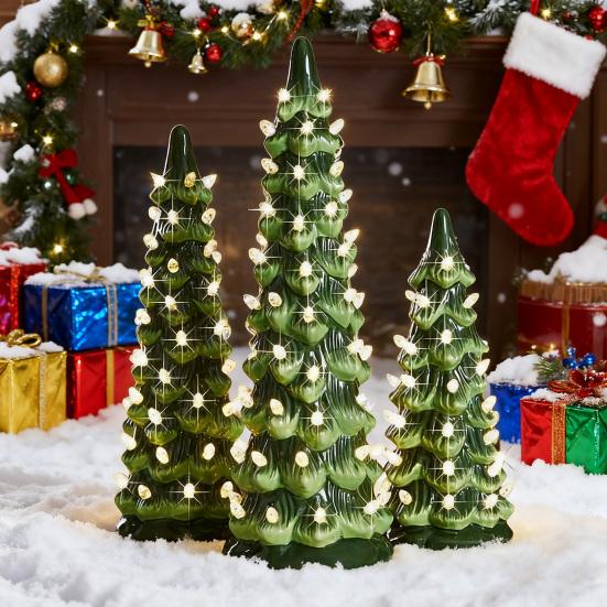 Pre-Lit Hand-Painted Resin Tabletop Christmas Tree Small Light Up Holiday Tree Decoration