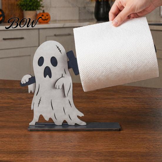 Retro Style Napkins Halloween Wooden Napkin Holder, Ghost Pumpkin Skeleton Cat Bat Tissue Dispenser, Waterproof Gothic Room Decor Tabletop