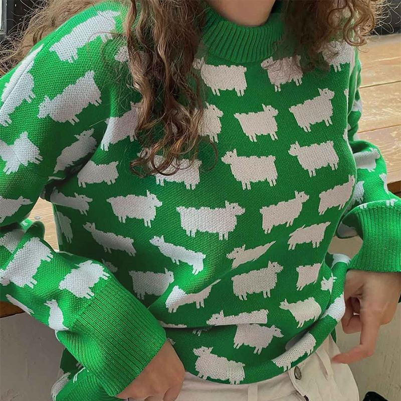 Зимний вязаный свитер с принтом альпаки, женский свободный повседневный свитер с круглым вырезом и длинным рукавом, женский модный повседневный элегантный трикотажный свитер, женский тренд 2024 года