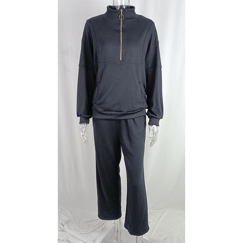 Однотонные свободные комплекты из двух предметов с воротником на половину молнии, женские повседневные одинаковые комплекты, осенне-зимние пуловеры и костюм с широкими брюками
