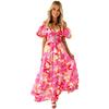 Women Evening Dress Bubble Sleeves Low-cut Off Shoulder Colorful Print A-line Big Hem Patchwork Hollow Out Pleated Vacation Beach Maxi Dress