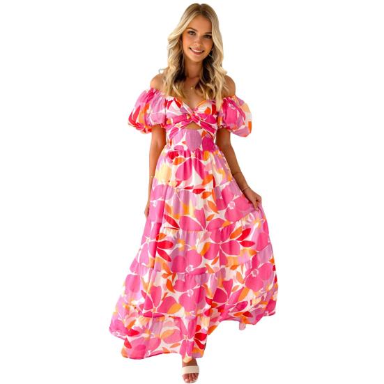 Women Evening Dress Bubble Sleeves Low-cut Off Shoulder Colorful Print A-line Big Hem Patchwork Hollow Out Pleated Vacation Beach Maxi Dress