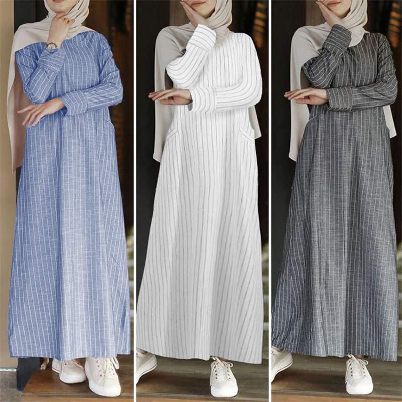 Women Muslim Kaftan O Neck Party Belt Solid Puff Sleeve Retro Long Maxi Shirt Dress
