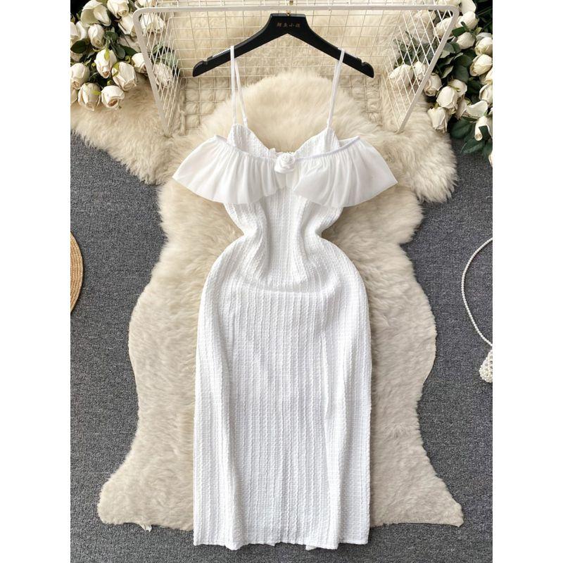 Socialite Style Fancy Banquet Birthday Banquet Party Dress Women's off-Shoulder Spaghetti Straps Ruffles Waist Dress