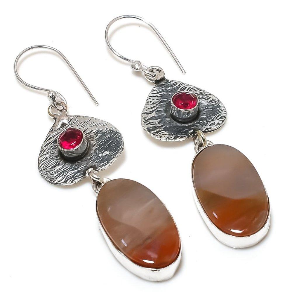 Natural Tube Agate, Rubillite Gemstone 925 Sterling Silver Earring 2.76" ME-1245