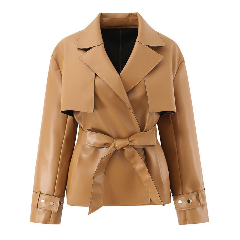 Womens 2026 PU Leather Short Jacket Loose Fit Chic Office Wear With Tie Front Collar