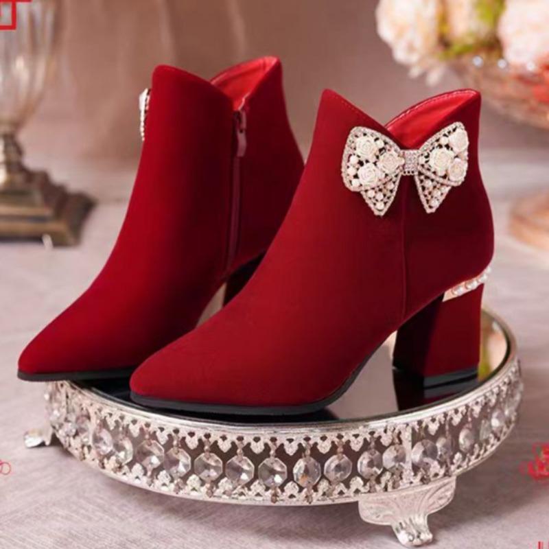Fashion Women's Fashion Chunky Heel Short Boots Autumn New Pointy Suede Butterfly Knot Side Zipper Wedding Shoes