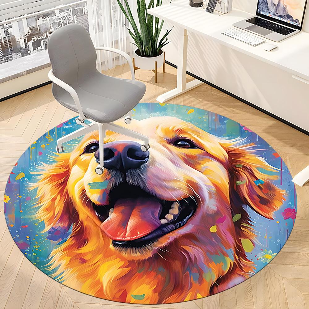 1PC Golden Retriever Artwork Office Round Area Rug,  Mat Suitable ForOffice, Under Office Chairs Bedroom Living Room Home Decor, Room Deco