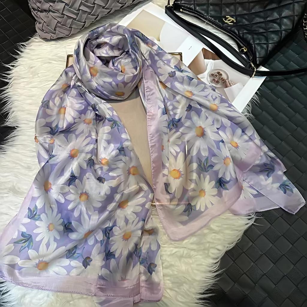 Белый 100% Шелковый Шарф Женские Шарфы Bufandas Летние Пляжные Шали Foulard Осень Зима Цветочный Дизайн Длинные Шарфы на Шею Хиджабы