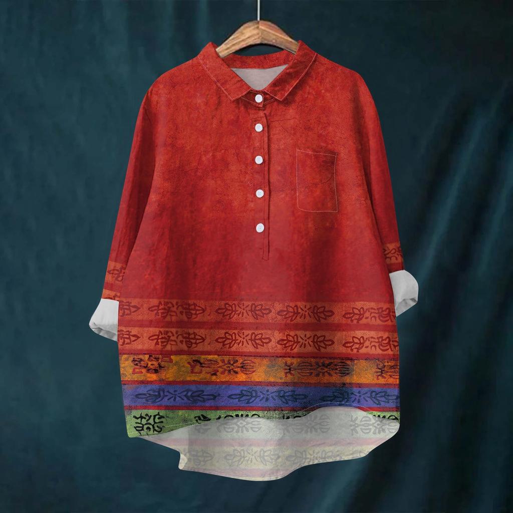 Женская рубашка-блузка с длинными рукавами и принтом на пуговицах, повседневный подол, нестандартный воротник рубашки