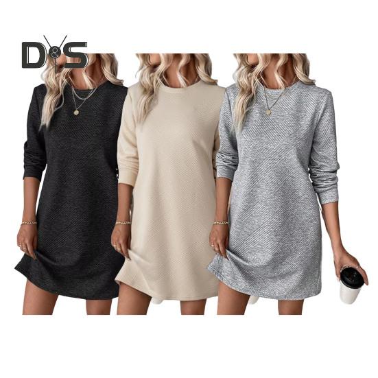 Платье весна-осень с фактурными длинными рукавами и круглым вырезом, однотонное свободное прямое мини-платье, короткое платье-пуловер для поездок на работу, свиданий, путешествий