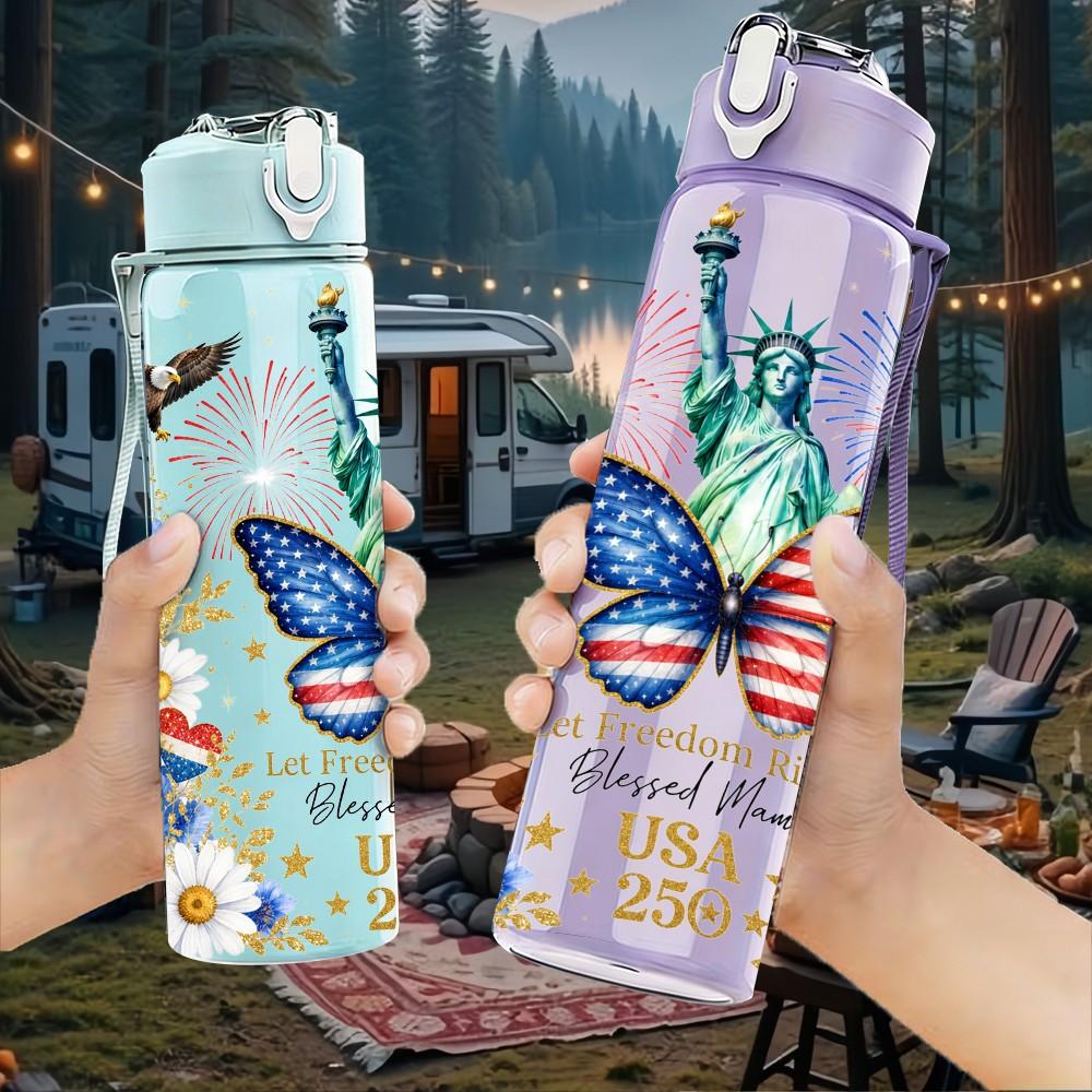 1PC Butterfly Rose Vintage Floral Pattern 750ml Color Plastic Sports Water Bottle Leakproof Flip Straw Lid Suitable for Sports Office Home Use